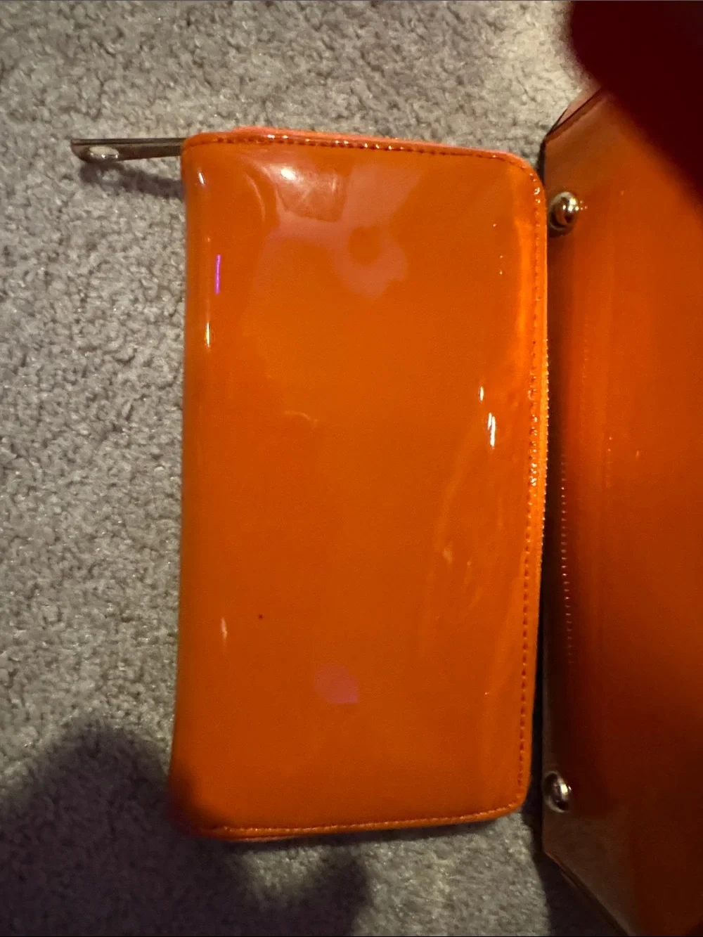 Patent Orange Mini Oval Top-Handle Bag with Decorative Metal Ring